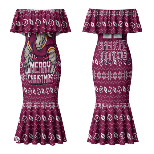 Personalized Brisbane Broncos Christmas Family Matching Mermaid Dress and Hawaiian Shirt Australian Rugby Fans - Pixelated Ugly Xmas Pattern Mascot Santa