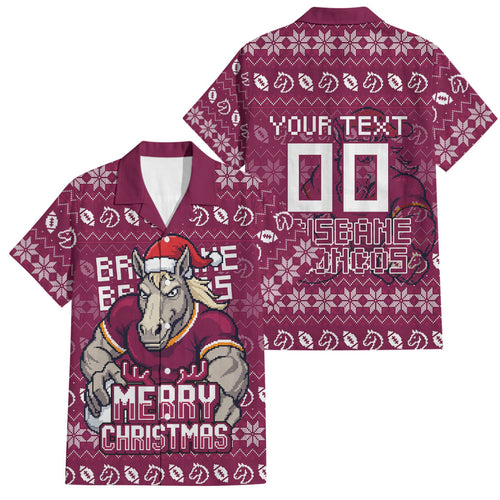 Personalized Brisbane Broncos Christmas Family Matching Mermaid Dress and Hawaiian Shirt Australian Rugby Fans - Pixelated Ugly Xmas Pattern Mascot Santa