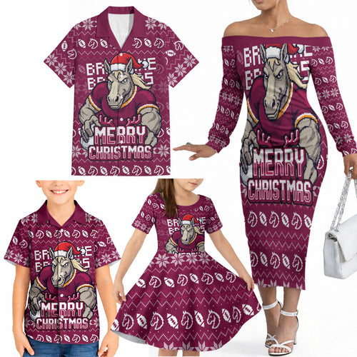 Personalized Brisbane Broncos Christmas Family Matching Off The Shoulder Long Sleeve Dress and Hawaiian Shirt Australian Rugby Fans - Pixelated Ugly Xmas Pattern Mascot Santa