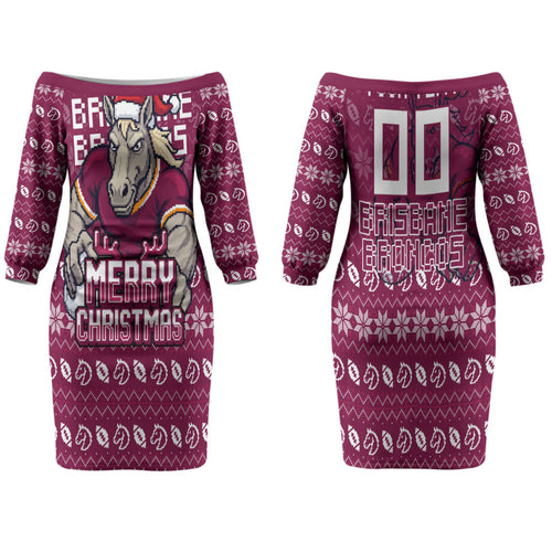 Personalized Brisbane Broncos Christmas Family Matching Off The Shoulder Long Sleeve Dress and Hawaiian Shirt Australian Rugby Fans - Pixelated Ugly Xmas Pattern Mascot Santa