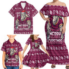 Personalized Brisbane Broncos Christmas Family Matching Off Shoulder Maxi Dress and Hawaiian Shirt Australian Rugby Fans - Pixelated Ugly Xmas Pattern Mascot Santa
