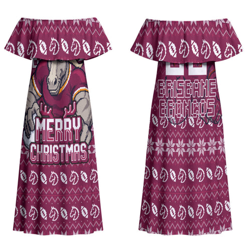 Personalized Brisbane Broncos Christmas Family Matching Off Shoulder Maxi Dress and Hawaiian Shirt Australian Rugby Fans - Pixelated Ugly Xmas Pattern Mascot Santa