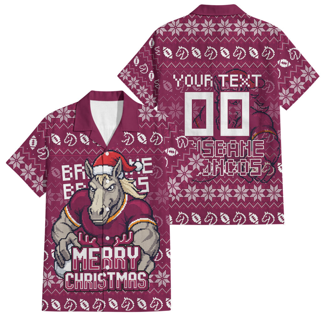Personalized Brisbane Broncos Christmas Family Matching Off Shoulder Maxi Dress and Hawaiian Shirt Australian Rugby Fans - Pixelated Ugly Xmas Pattern Mascot Santa