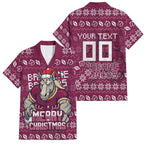 Personalized Brisbane Broncos Christmas Family Matching Off Shoulder Maxi Dress and Hawaiian Shirt Australian Rugby Fans - Pixelated Ugly Xmas Pattern Mascot Santa