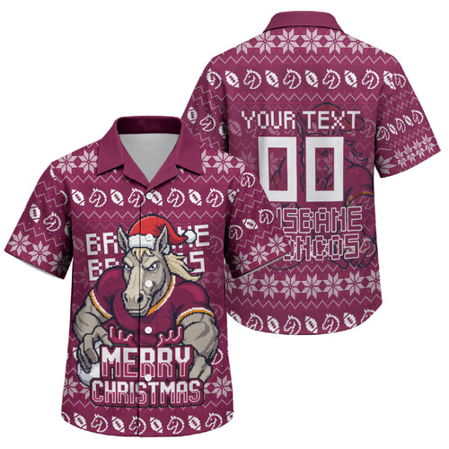 Personalized Brisbane Broncos Christmas Family Matching Short Sleeve Bodycon Dress and Hawaiian Shirt Australian Rugby Fans - Pixelated Ugly Xmas Pattern Mascot Santa