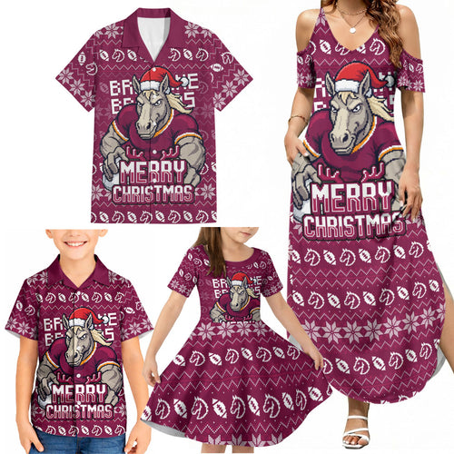 Personalized Brisbane Broncos Christmas Family Matching Summer Maxi Dress and Hawaiian Shirt Australian Rugby Fans - Pixelated Ugly Xmas Pattern Mascot Santa
