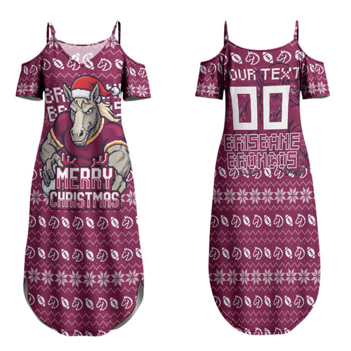 Personalized Brisbane Broncos Christmas Family Matching Summer Maxi Dress and Hawaiian Shirt Australian Rugby Fans - Pixelated Ugly Xmas Pattern Mascot Santa