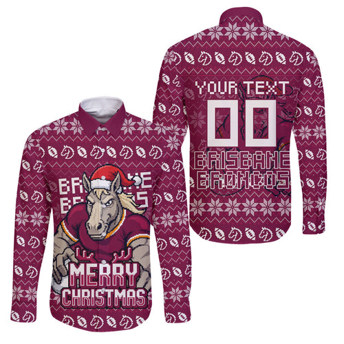 Personalized Brisbane Broncos Christmas Family Matching Summer Maxi Dress and Hawaiian Shirt Australian Rugby Fans - Pixelated Ugly Xmas Pattern Mascot Santa