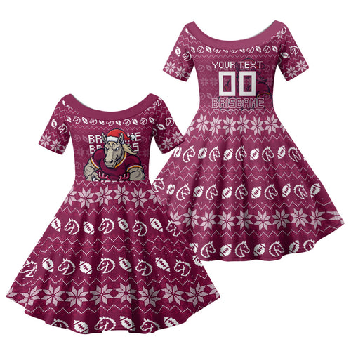 Personalized Brisbane Broncos Christmas Family Matching Summer Maxi Dress and Hawaiian Shirt Australian Rugby Fans - Pixelated Ugly Xmas Pattern Mascot Santa