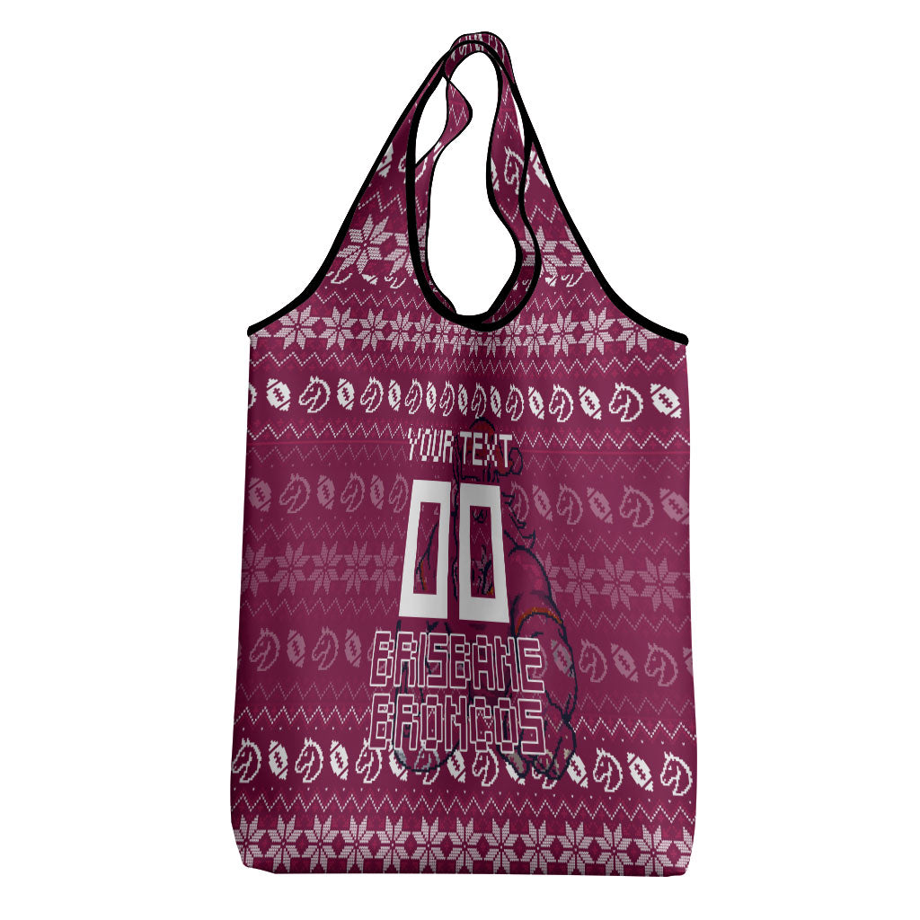 Personalized Brisbane Broncos Christmas Grocery Bag Australian Rugby Fans - Pixelated Ugly Xmas Pattern Mascot Santa