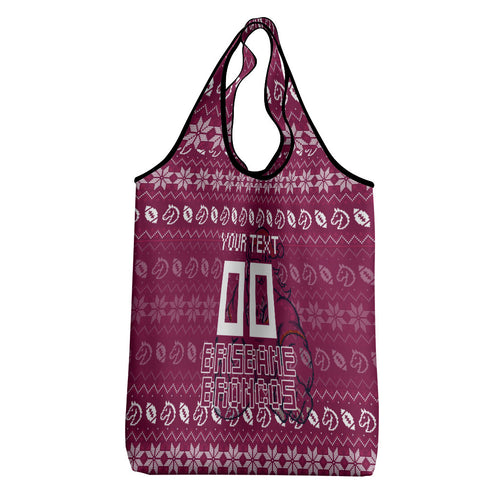 Personalized Brisbane Broncos Christmas Grocery Bag Australian Rugby Fans - Pixelated Ugly Xmas Pattern Mascot Santa