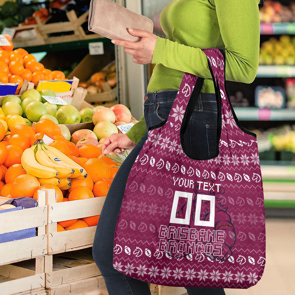 Personalized Brisbane Broncos Christmas Grocery Bag Australian Rugby Fans - Pixelated Ugly Xmas Pattern Mascot Santa