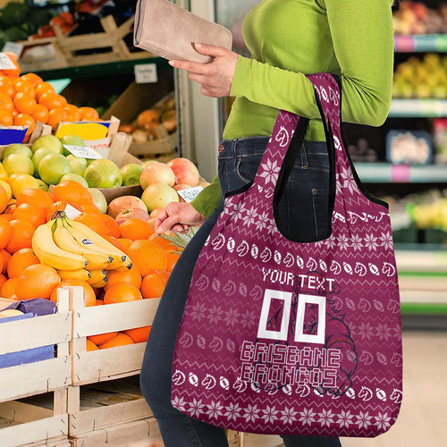Personalized Brisbane Broncos Christmas Grocery Bag Australian Rugby Fans - Pixelated Ugly Xmas Pattern Mascot Santa