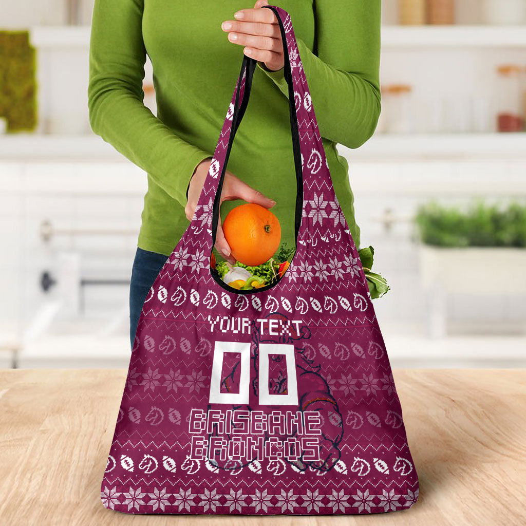 Personalized Brisbane Broncos Christmas Grocery Bag Australian Rugby Fans - Pixelated Ugly Xmas Pattern Mascot Santa
