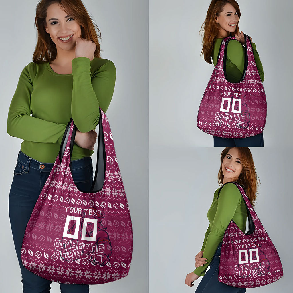 Personalized Brisbane Broncos Christmas Grocery Bag Australian Rugby Fans - Pixelated Ugly Xmas Pattern Mascot Santa