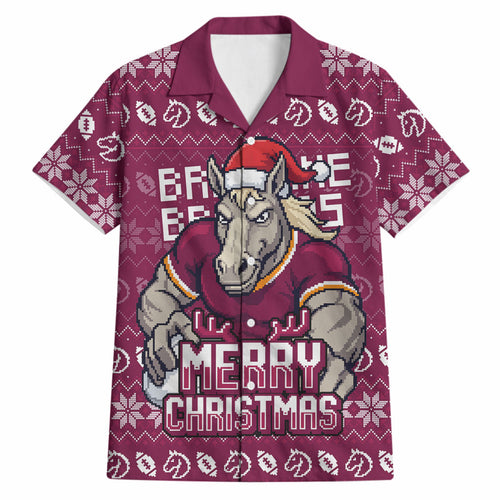 Personalized Brisbane Broncos Christmas Hawaiian Shirt Australian Rugby Fans - Pixelated Ugly Xmas Pattern Mascot Santa