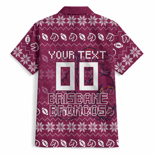 Personalized Brisbane Broncos Christmas Hawaiian Shirt Australian Rugby Fans - Pixelated Ugly Xmas Pattern Mascot Santa