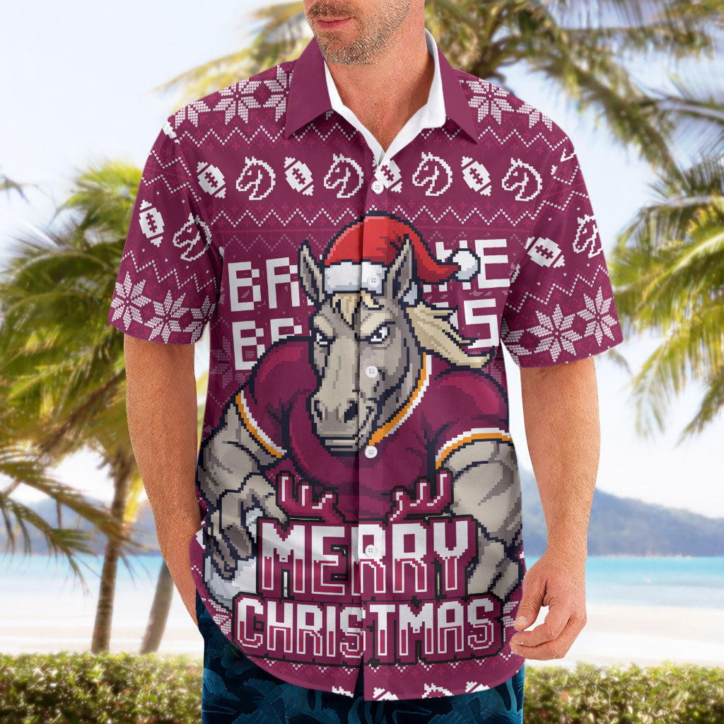 Personalized Brisbane Broncos Christmas Hawaiian Shirt Australian Rugby Fans - Pixelated Ugly Xmas Pattern Mascot Santa