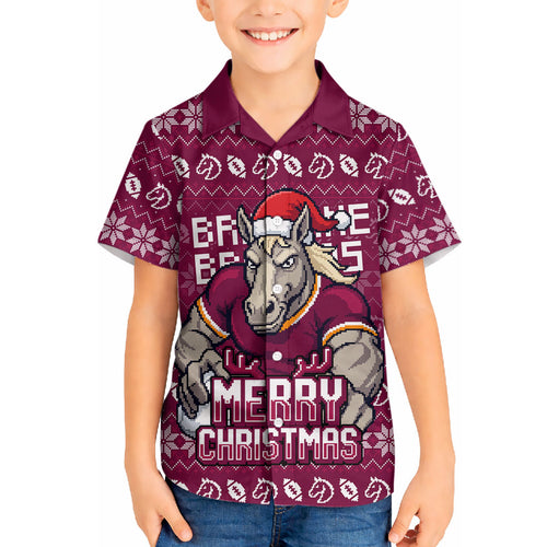 Personalized Brisbane Broncos Christmas Hawaiian Shirt Australian Rugby Fans - Pixelated Ugly Xmas Pattern Mascot Santa