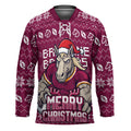 Personalized Brisbane Broncos Christmas Hockey Jersey Australian Rugby Fans - Pixelated Ugly Xmas Pattern Mascot Santa
