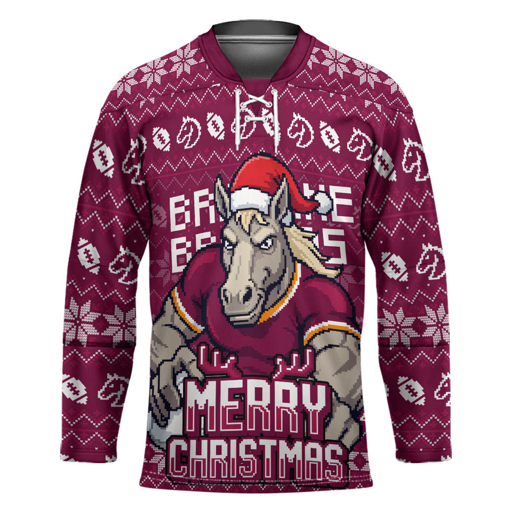 Personalized Brisbane Broncos Christmas Hockey Jersey Australian Rugby Fans - Pixelated Ugly Xmas Pattern Mascot Santa