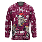 Personalized Brisbane Broncos Christmas Hockey Jersey Australian Rugby Fans - Pixelated Ugly Xmas Pattern Mascot Santa