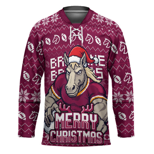 Personalized Brisbane Broncos Christmas Hockey Jersey Australian Rugby Fans - Pixelated Ugly Xmas Pattern Mascot Santa