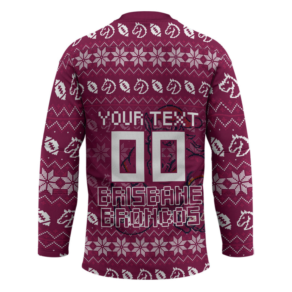 Personalized Brisbane Broncos Christmas Hockey Jersey Australian Rugby Fans - Pixelated Ugly Xmas Pattern Mascot Santa
