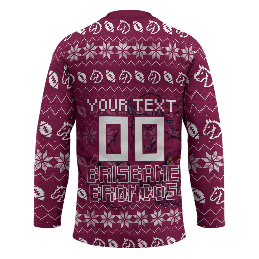 Personalized Brisbane Broncos Christmas Hockey Jersey Australian Rugby Fans - Pixelated Ugly Xmas Pattern Mascot Santa