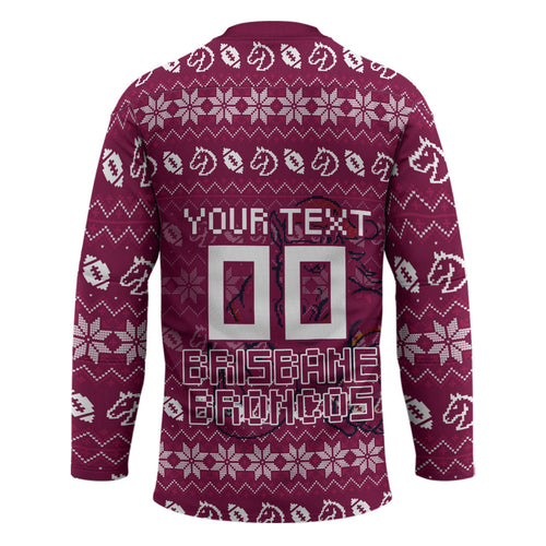 Personalized Brisbane Broncos Christmas Hockey Jersey Australian Rugby Fans - Pixelated Ugly Xmas Pattern Mascot Santa