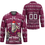 Personalized Brisbane Broncos Christmas Hockey Jersey Australian Rugby Fans - Pixelated Ugly Xmas Pattern Mascot Santa