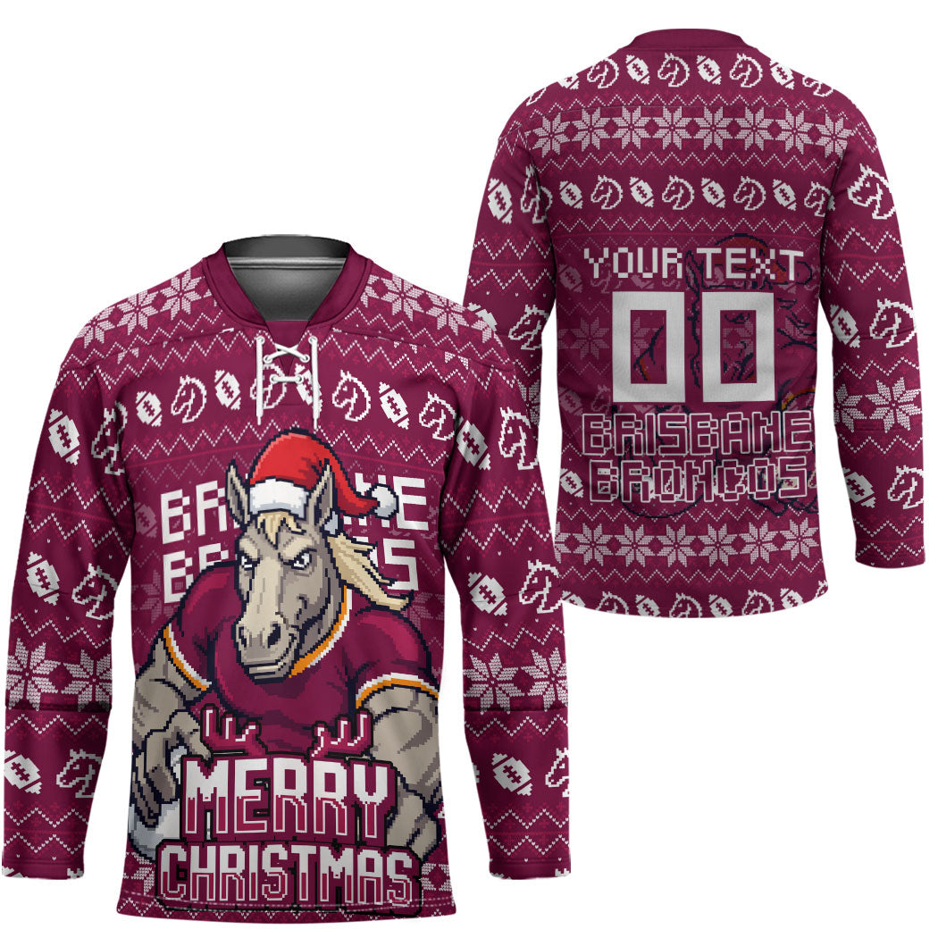Personalized Brisbane Broncos Christmas Hockey Jersey Australian Rugby Fans - Pixelated Ugly Xmas Pattern Mascot Santa