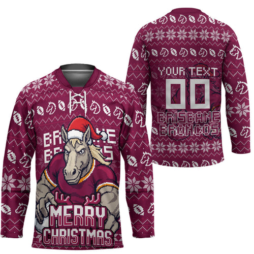 Personalized Brisbane Broncos Christmas Hockey Jersey Australian Rugby Fans - Pixelated Ugly Xmas Pattern Mascot Santa