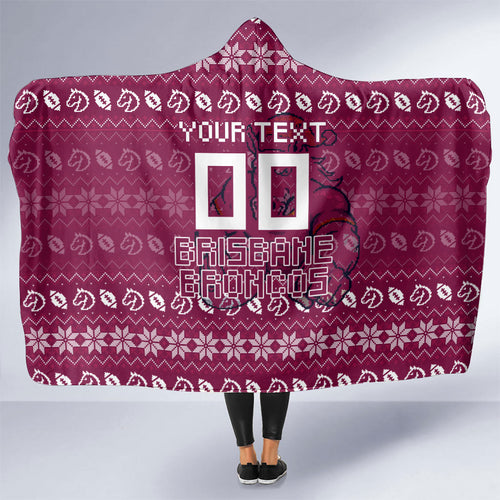 Personalized Brisbane Broncos Christmas Hooded Blanket Australian Rugby Fans - Pixelated Ugly Xmas Pattern Mascot Santa