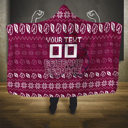 Personalized Brisbane Broncos Christmas Hooded Blanket Australian Rugby Fans - Pixelated Ugly Xmas Pattern Mascot Santa