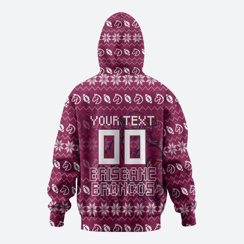 Personalized Brisbane Broncos Christmas Hoodie Australian Rugby Fans - Pixelated Ugly Xmas Pattern Mascot Santa