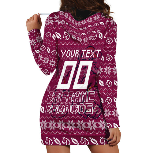 Personalized Brisbane Broncos Christmas Hoodie Dress Australian Rugby Fans - Pixelated Ugly Xmas Pattern Mascot Santa