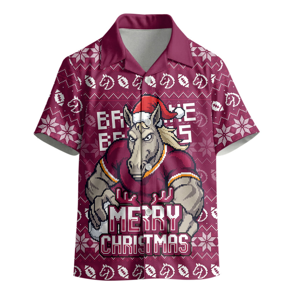 Personalized Brisbane Broncos Christmas Kid Hawaiian Shirt Australian Rugby Fans - Pixelated Ugly Xmas Pattern Mascot Santa