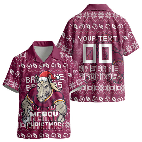 Personalized Brisbane Broncos Christmas Kid Hawaiian Shirt Australian Rugby Fans - Pixelated Ugly Xmas Pattern Mascot Santa