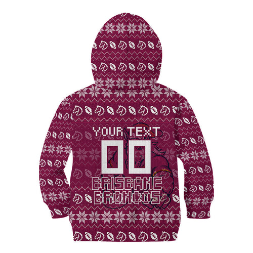Personalized Brisbane Broncos Christmas Kid Hoodie Australian Rugby Fans - Pixelated Ugly Xmas Pattern Mascot Santa