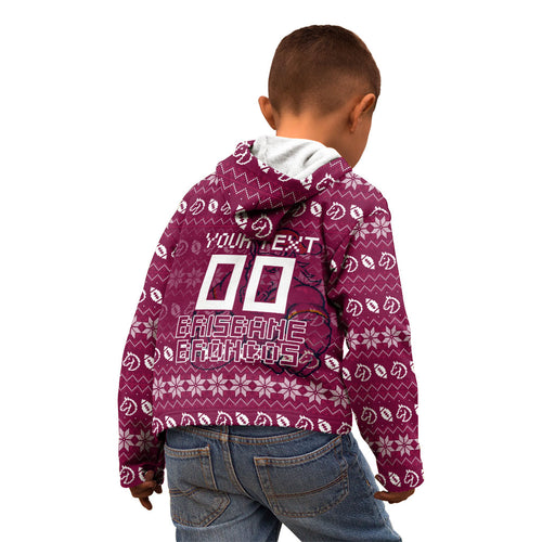 Personalized Brisbane Broncos Christmas Kid Hoodie Australian Rugby Fans - Pixelated Ugly Xmas Pattern Mascot Santa