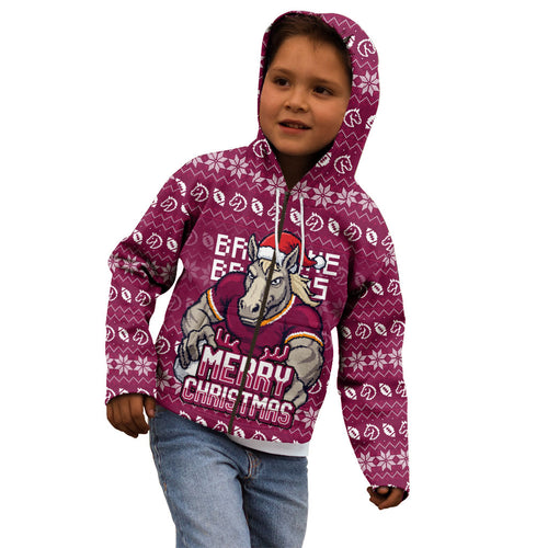 Personalized Brisbane Broncos Christmas Kid Hoodie Australian Rugby Fans - Pixelated Ugly Xmas Pattern Mascot Santa