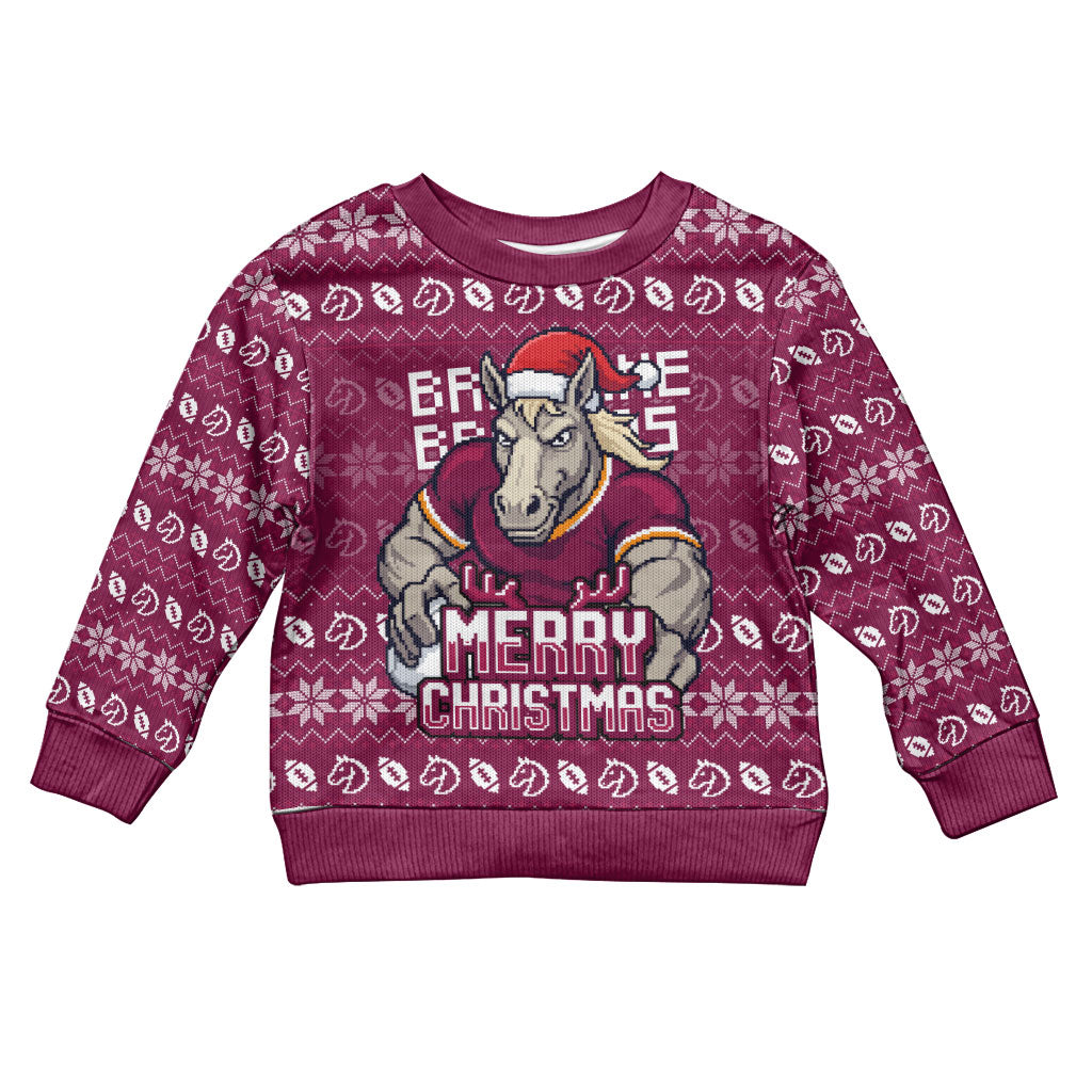 Personalized Brisbane Broncos Christmas Kid Ugly Christmas Sweater Australian Rugby Fans - Pixelated Ugly Xmas Pattern Mascot Santa