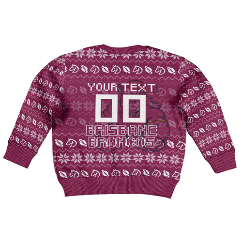 Personalized Brisbane Broncos Christmas Kid Ugly Christmas Sweater Australian Rugby Fans - Pixelated Ugly Xmas Pattern Mascot Santa