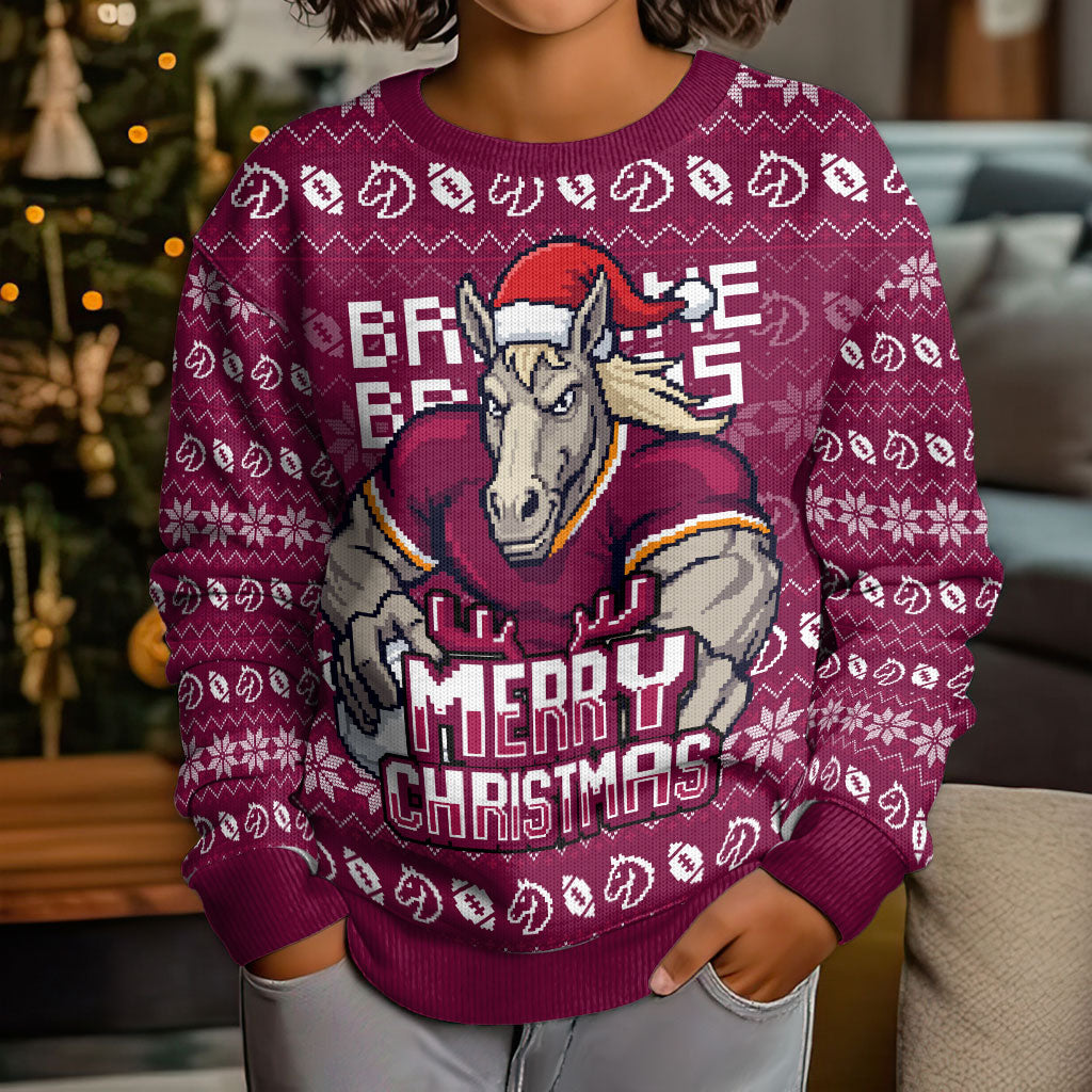 Personalized Brisbane Broncos Christmas Kid Ugly Christmas Sweater Australian Rugby Fans - Pixelated Ugly Xmas Pattern Mascot Santa