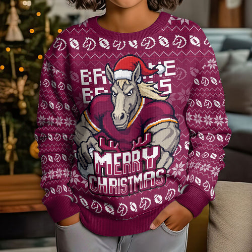 Personalized Brisbane Broncos Christmas Kid Ugly Christmas Sweater Australian Rugby Fans - Pixelated Ugly Xmas Pattern Mascot Santa