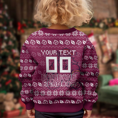 Personalized Brisbane Broncos Christmas Kid Ugly Christmas Sweater Australian Rugby Fans - Pixelated Ugly Xmas Pattern Mascot Santa