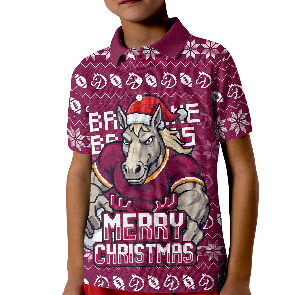 Personalized Brisbane Broncos Christmas Kid Polo Shirt Australian Rugby Fans - Pixelated Ugly Xmas Pattern Mascot Santa