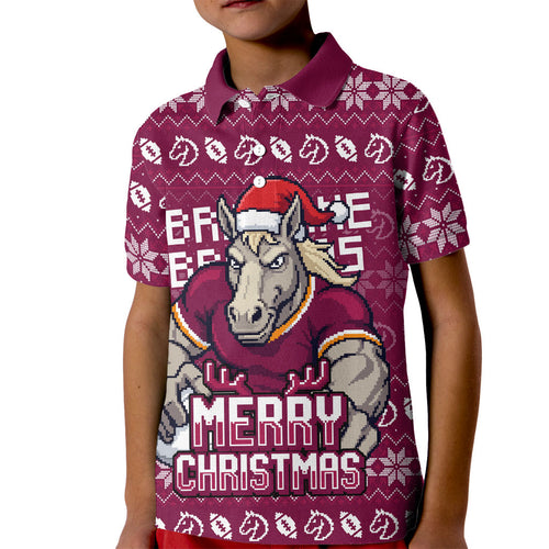 Personalized Brisbane Broncos Christmas Kid Polo Shirt Australian Rugby Fans - Pixelated Ugly Xmas Pattern Mascot Santa