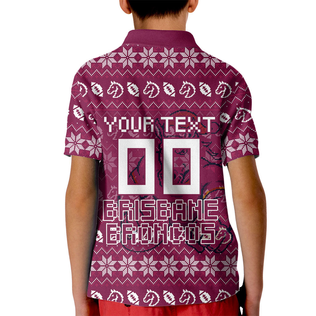 Personalized Brisbane Broncos Christmas Kid Polo Shirt Australian Rugby Fans - Pixelated Ugly Xmas Pattern Mascot Santa